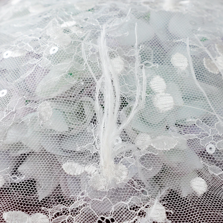 MX571 White Tulle Feather Sequin Bridal Mesh Embroidery Fabric Lace For Wedding Dress