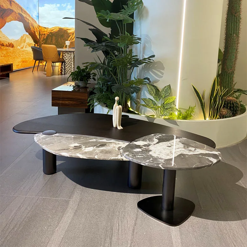 Contemporary Living Room Wood Center Tables with Metal Base Simple Irregular Shape Marble Top Side Coffee Table Set