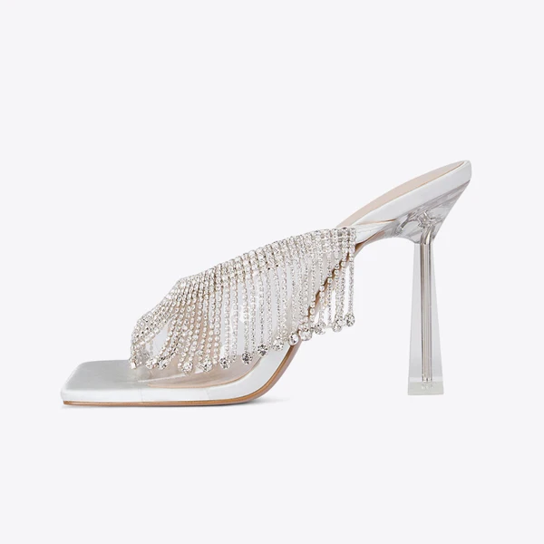 Hoslasen custom wholesale clear heel rhinestone chains sexy fashion comfort pvc sandals transparent sandals for women