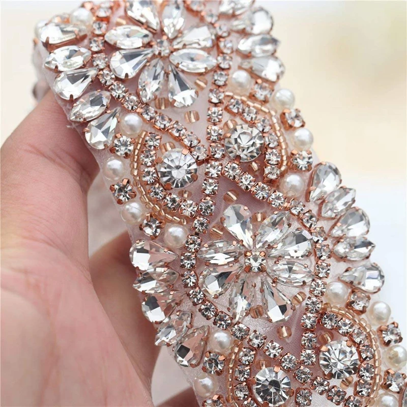 
Hot Sale Pearl Crystal Beaded Flower Bridal Sash Handmade Rhinestone Belt with Ribbon for Bride Bridesmaids formal Dress 