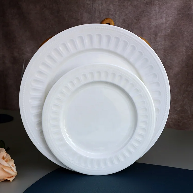 white custom design embossed white porcelain bone china dinner set restaurant crockery set
