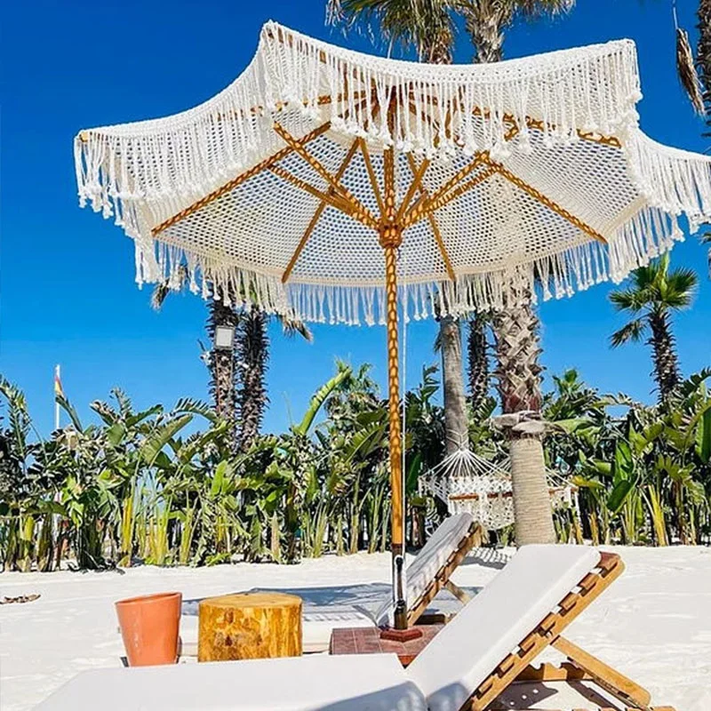 Bali Outdoor Wooden Pole, Patio Sun Parasol Hand-tied Cotton Woven Macrame Fringe Canopy Beach Umbrellas With Tassel For Garden/