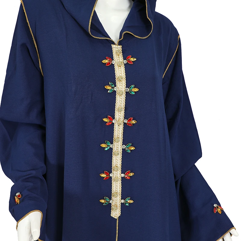 New abaya designs 2023 islamic clothing hooded diamond wholesale dubai muslim dress for women turkis with gold trim