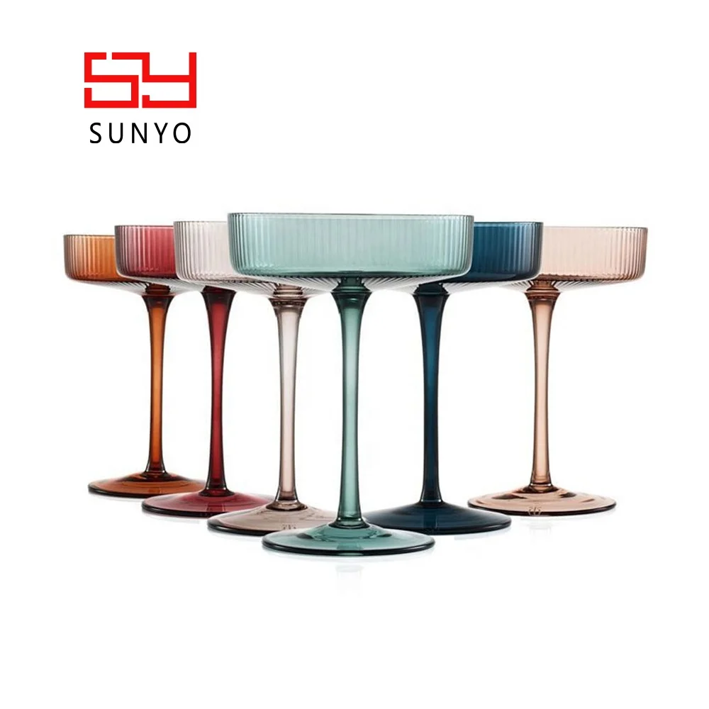 Classic Vintage Design Elegant Stripe Ribbed Coupe Cocktail Glass Leadfree Crystal Vintage Martini coloured glass cocktail set