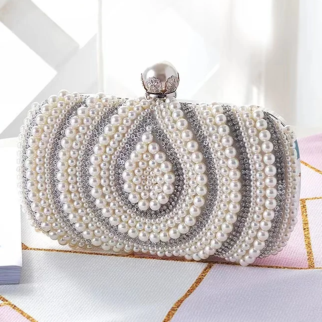 Womens Rhinestone Hand Bags Clutch Bridal Purse Evening Pearl Beads Bag Beaded Clutch