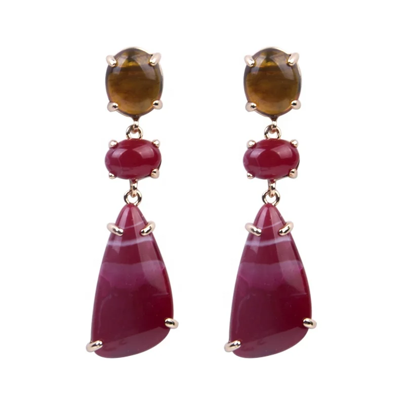 Korean Style Earrings Handmade Gemstone Beads Dangling Long Drop Earrings Gold Plated Resin Earring Molds