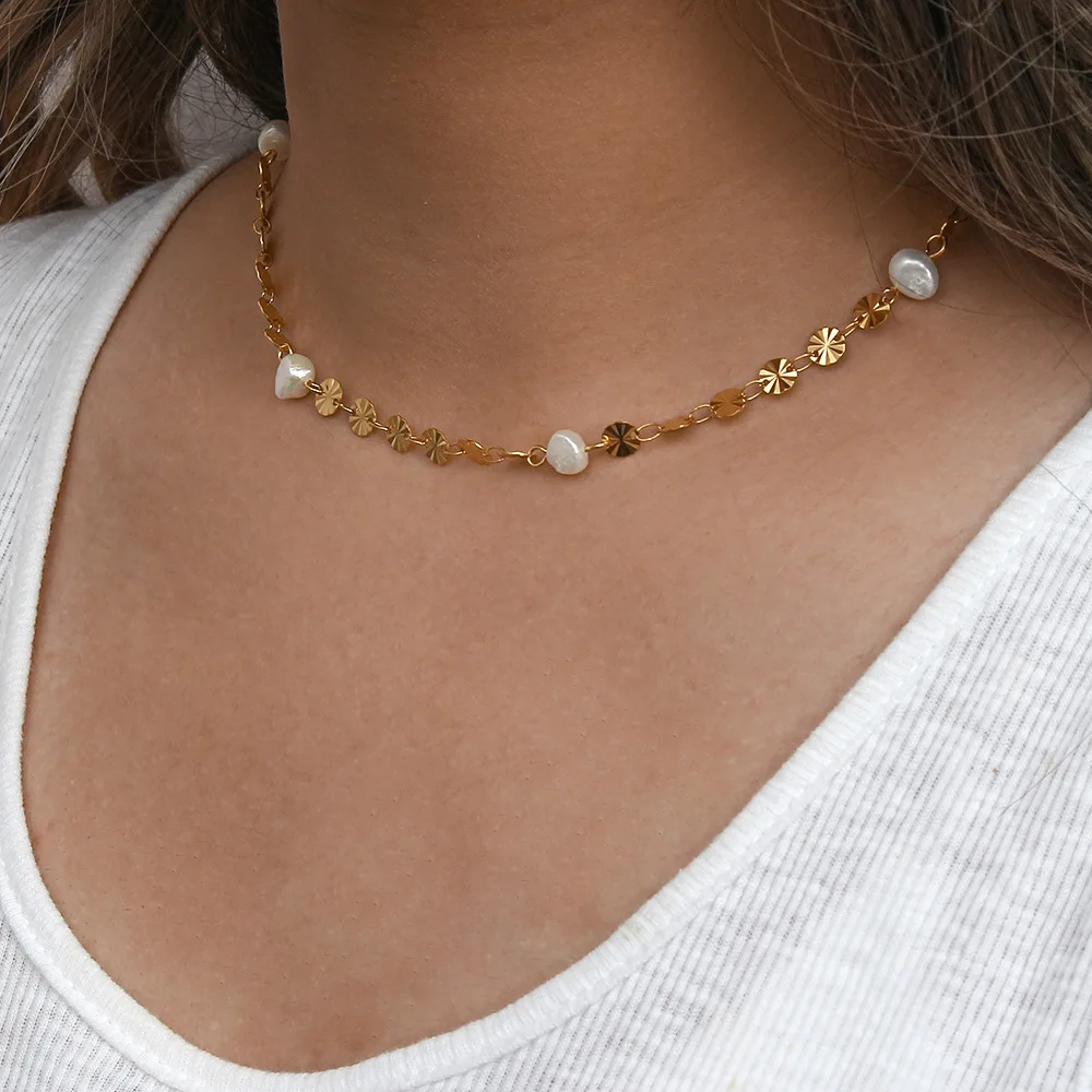 Fresh Water Pearl Necklace 18K Gold Plated Stainless Steel Small Gold Coin Sequin Chain Disc Charm Necklace Minimalist Jewelry