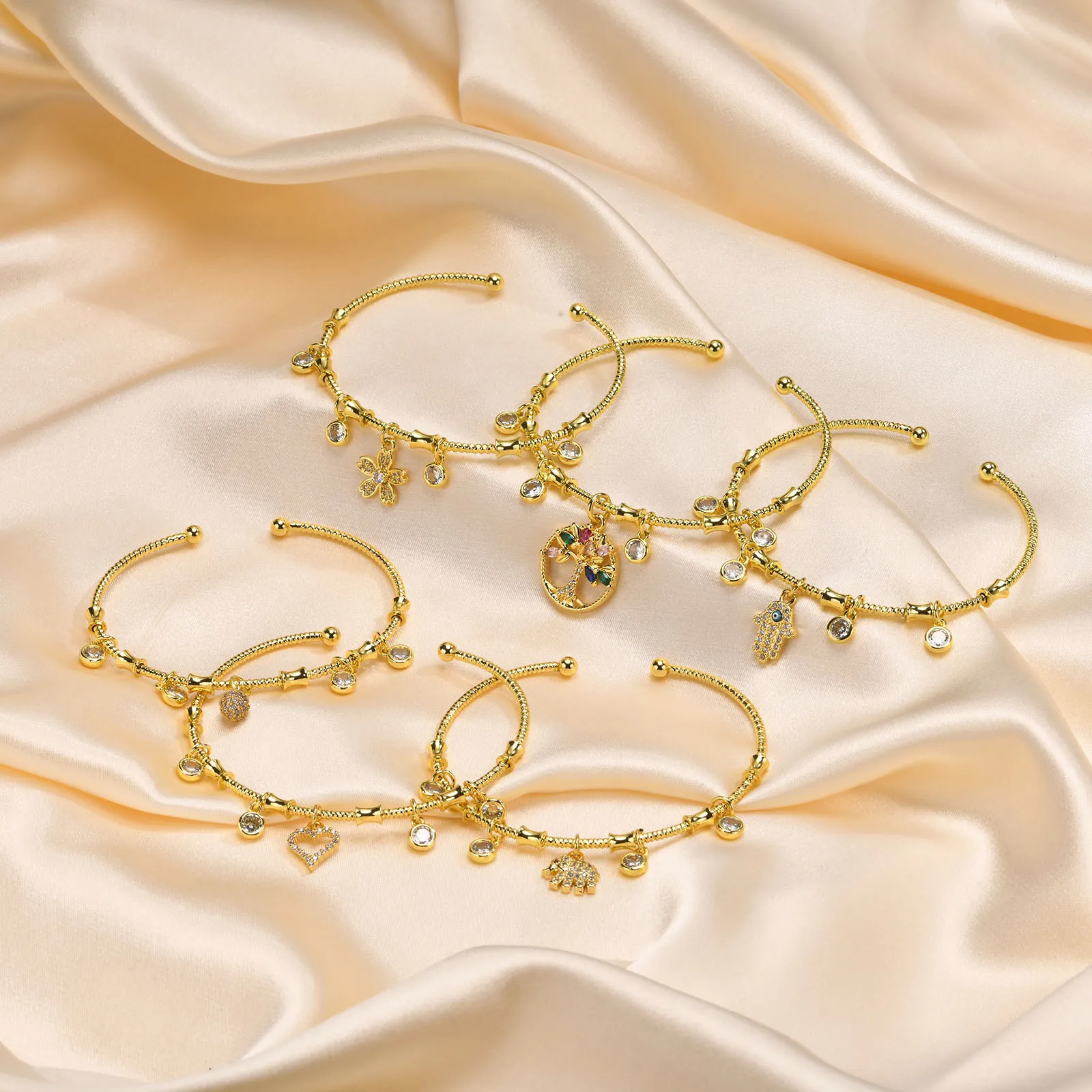 Elegant 18k gold plated personalized gift meaningful jewelry pave ball heart hamasa life tree Charms cuff bangle bracelet