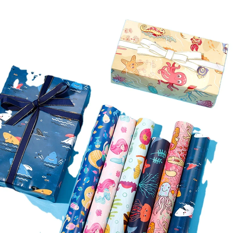 Hot and Recyclable Cartoon Kids Ocean Series Cute Gift Wrapping Paper Rolls Flower Wrapping Birthday Party Gift Wrapping Paper