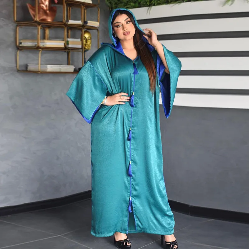 New Arrival Trendy Solid Designer Hooded Abaya Turkish Classic Simple Tassel Front Open Kaftan Abaya Long Dress For Arab Eid