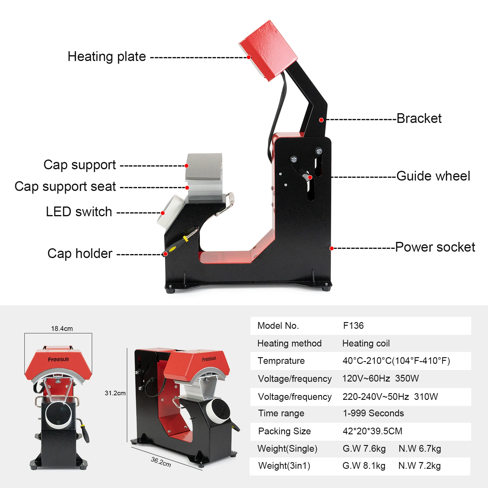 Freesub 3 in 1 automatic hat cap heat press machine hat printing machine F136