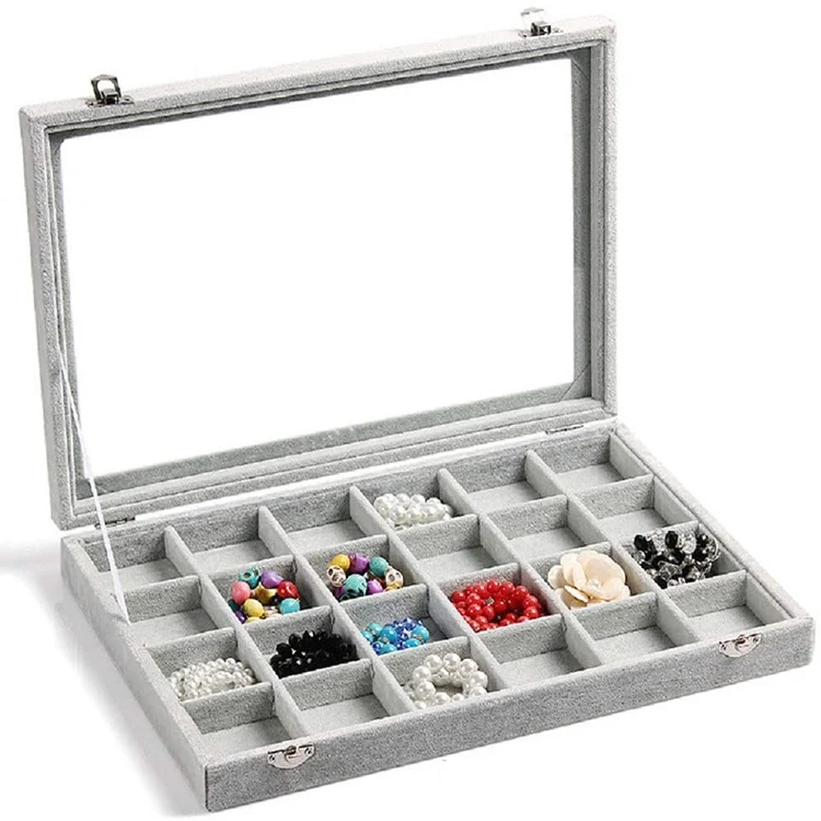 
High end quality gray velvet 24 grid jewelry box display for rings necklaces jewelry organizer tray 