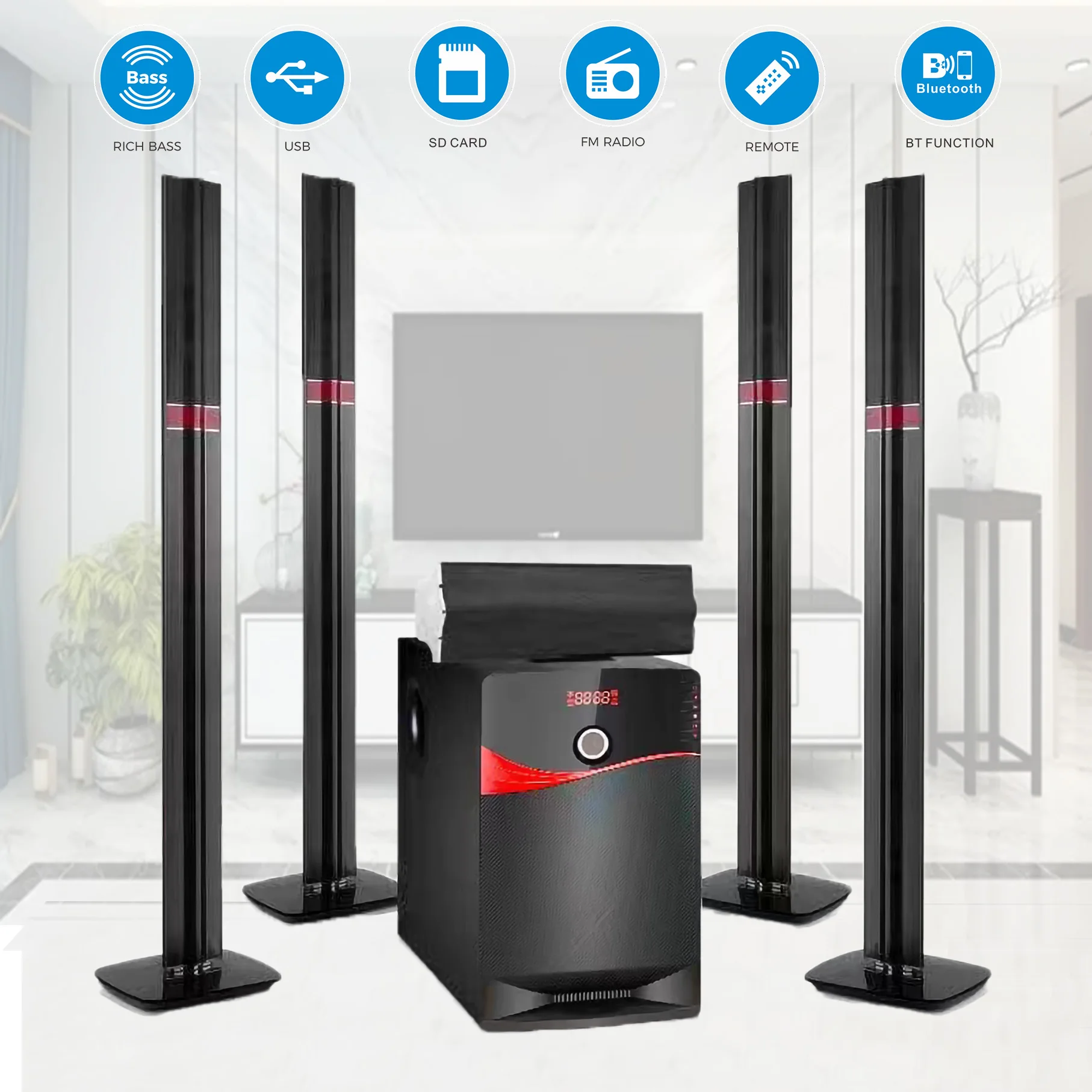 Hot sale   Creative 6.5 Inch Subwoofer Pa Column Speaker 5.1 Home Theater Tower Systems With Fm Radio xf-806