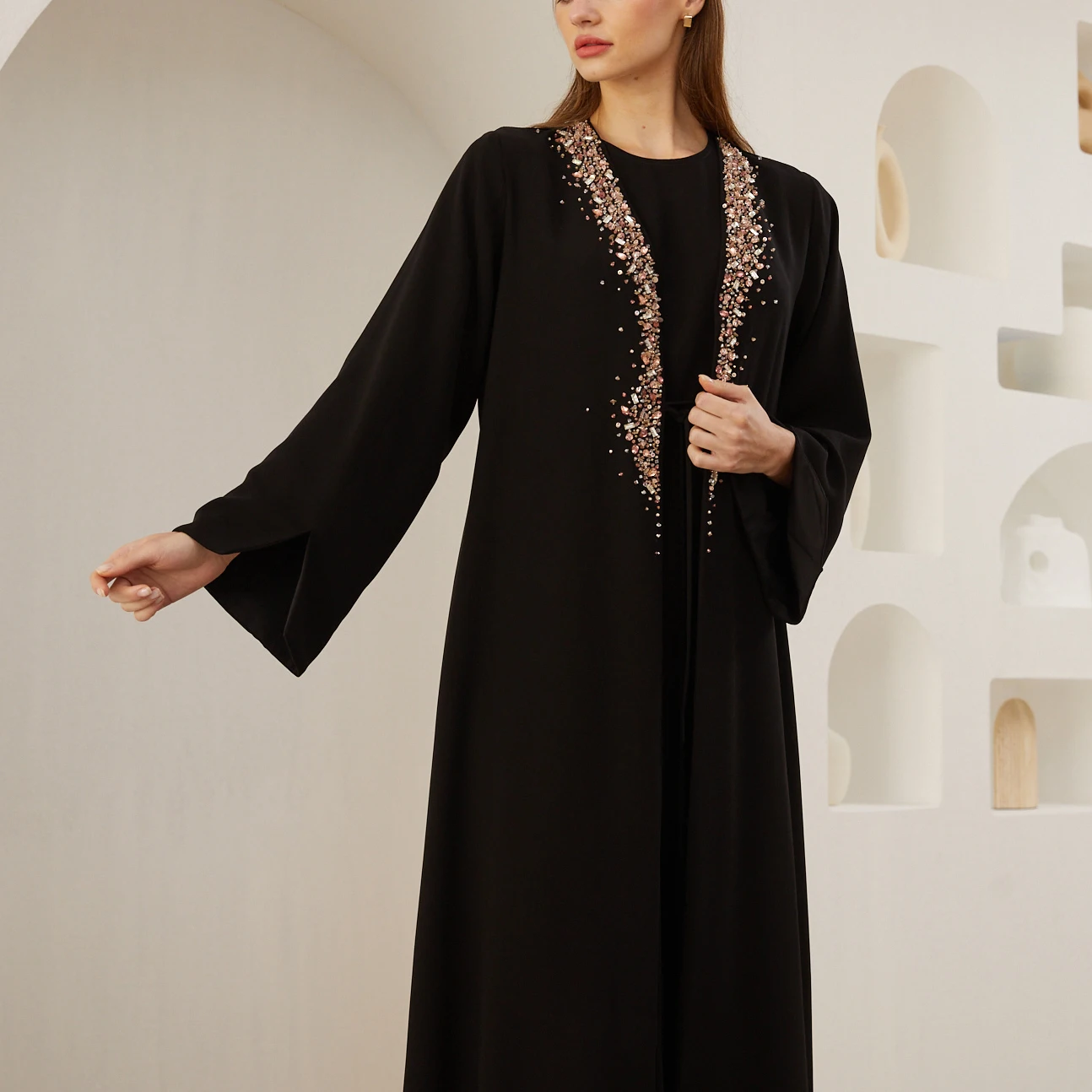 Latest Elegant Muslim Dubai Women Clothing Crystal Scatters Embroidery Pleated Long Sleeve Black Lady Abaya Dresses