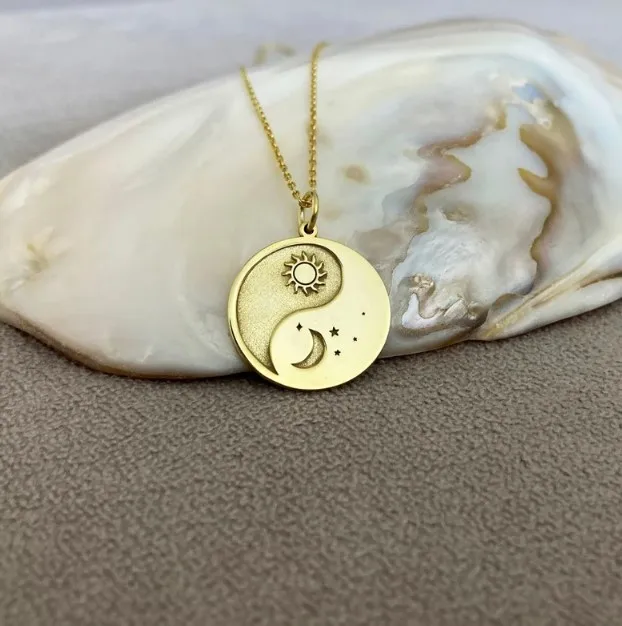 14K Solid Gold Yin Yang Necklace Sun and Moon Necklace Tai Chi Yoga Jewelry Meditation Nature Necklace for Women