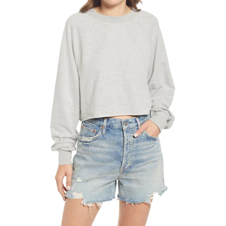 Осень-зима 2021, лидер продаж, женский укороченный французский махровый свитшот с круглым вырезом и длинным рукавом