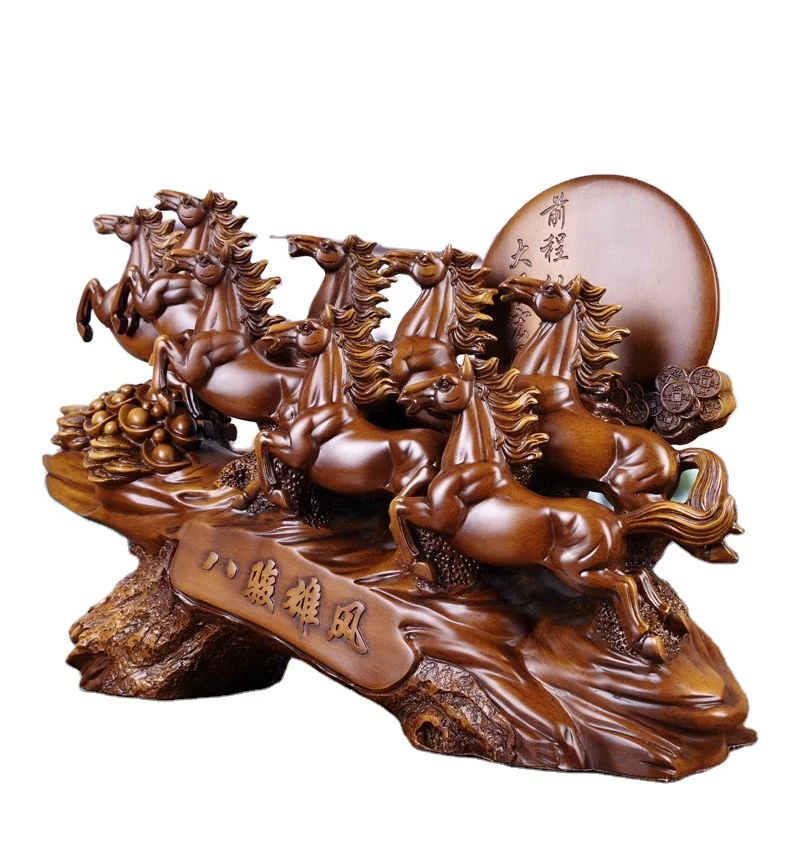 Drop shipping Chinese Traditional Fengshui Poly Resin Eight Horses Success Willing Table Top Statues for Home Office