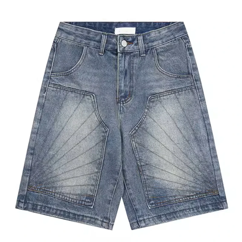 Ready To SHIP High Quality heavy thick denim shorts Patch Denim Shorts Embroidery Logo Straight Patch Washed Denim Shorts