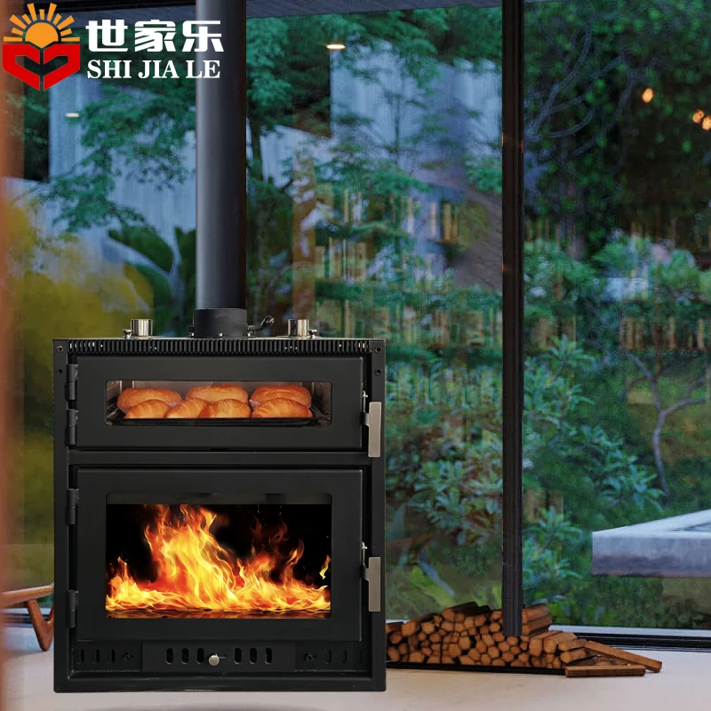 Indoor real fire wood burning stove fireplace heater with oven can BBQ bake pizza  bread beef