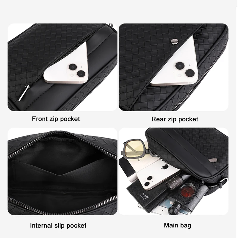 Custom Fashion High Quality Pu Chest bag Messenger Bag Designer Men woven Leather Shoulder crossbody bags