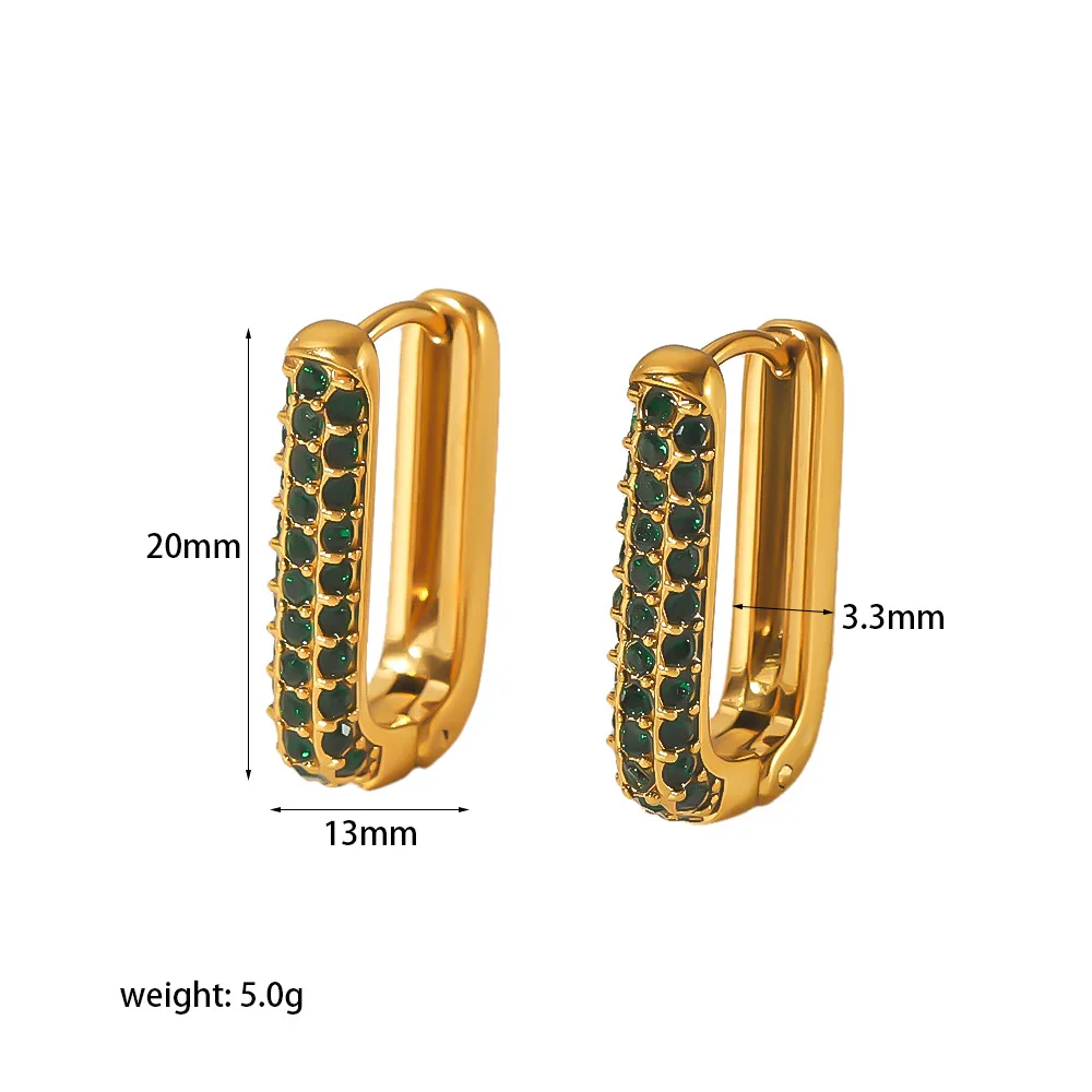 E103 18K Elegant Rectangle Colorful Diamond Huggie Earrings Stainless Steel Square Pave Emerald Zircon U Shape Hoop Earrings