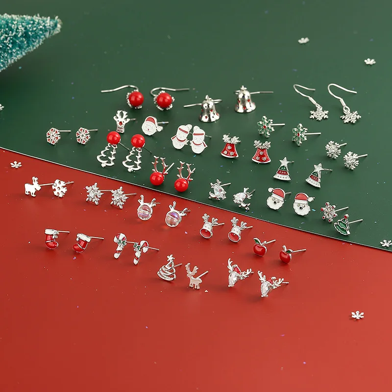 Christmas Collection Enamel Snowmen Dangle Bell Hook Snowflake Silver Stud Santa Claus Reindeer Earrings for Perfect Gift