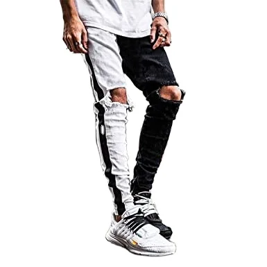 Wholesale Black Stacked Jeans Men Patches High Quality Fashion Denim Vintage Design Skinny Fit Jeans For Men