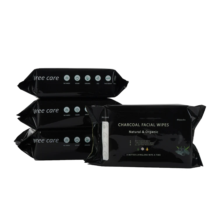 Private Label Wet Wipes Disposable Organic Cleansing Black Cotton Adults Makeup Removal Organic Charcoal Facial Wipes