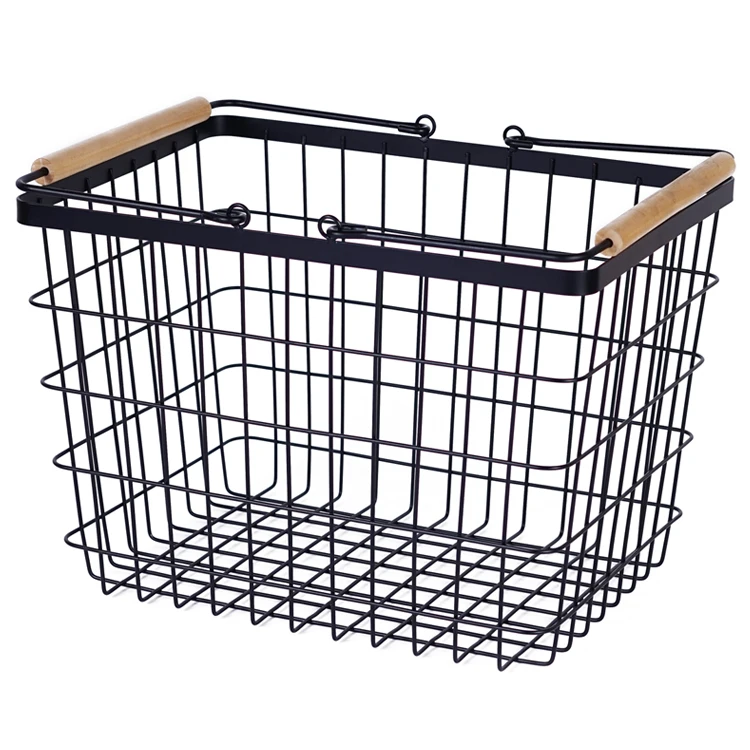 Vintage Locker Wire Storage Basket with Wood Handles for Closets Pantry Kitchen Garage Bathroom