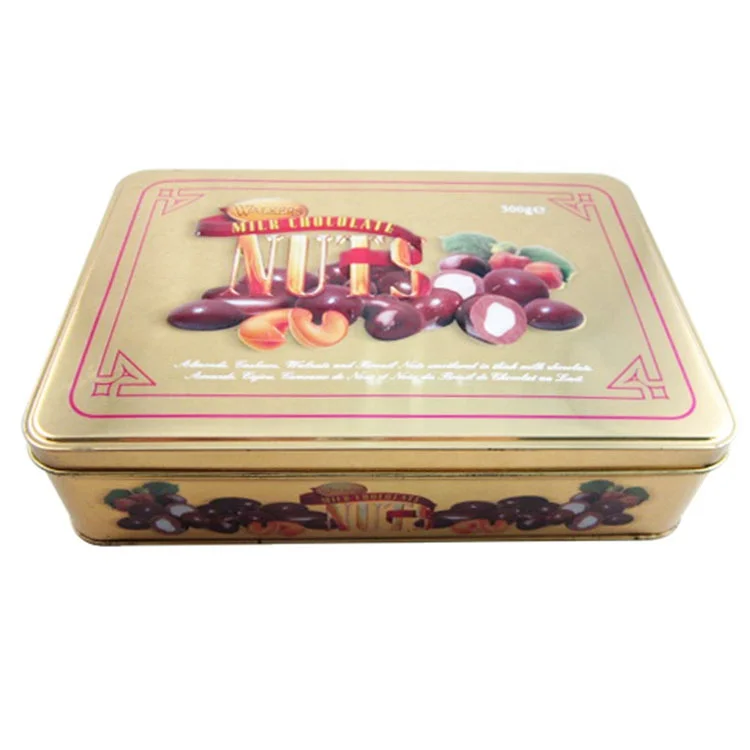 Produce custom design food packaging rectangular flat a5 metal cans nut chocolate tin box for baking