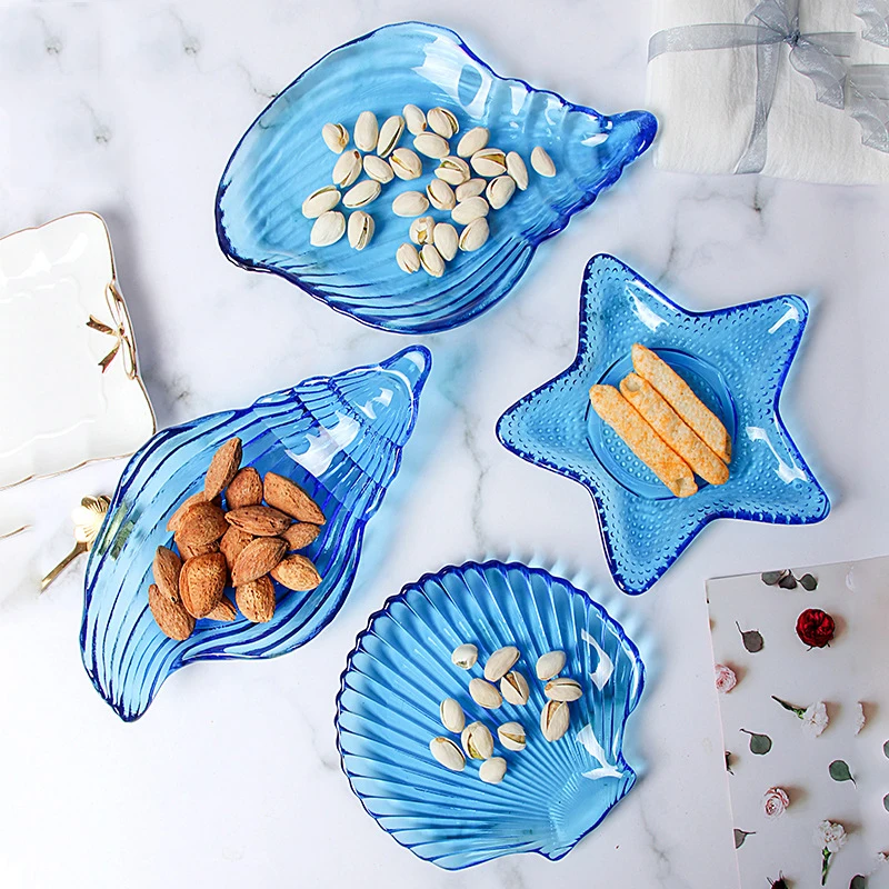 Handmade Ocean Series Dishes Luxury Snack Salad Bowl Fruit Dish Glass Shell Starfish Conch Shape Plate With Gold Rim