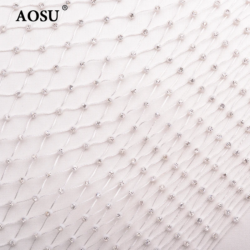 AOSU 1 Meter Clear Glass Rhinestone Mesh Fabric Sewing Crystals Trim Net Stretch Diamond Ribbon Strass Applique For Dress