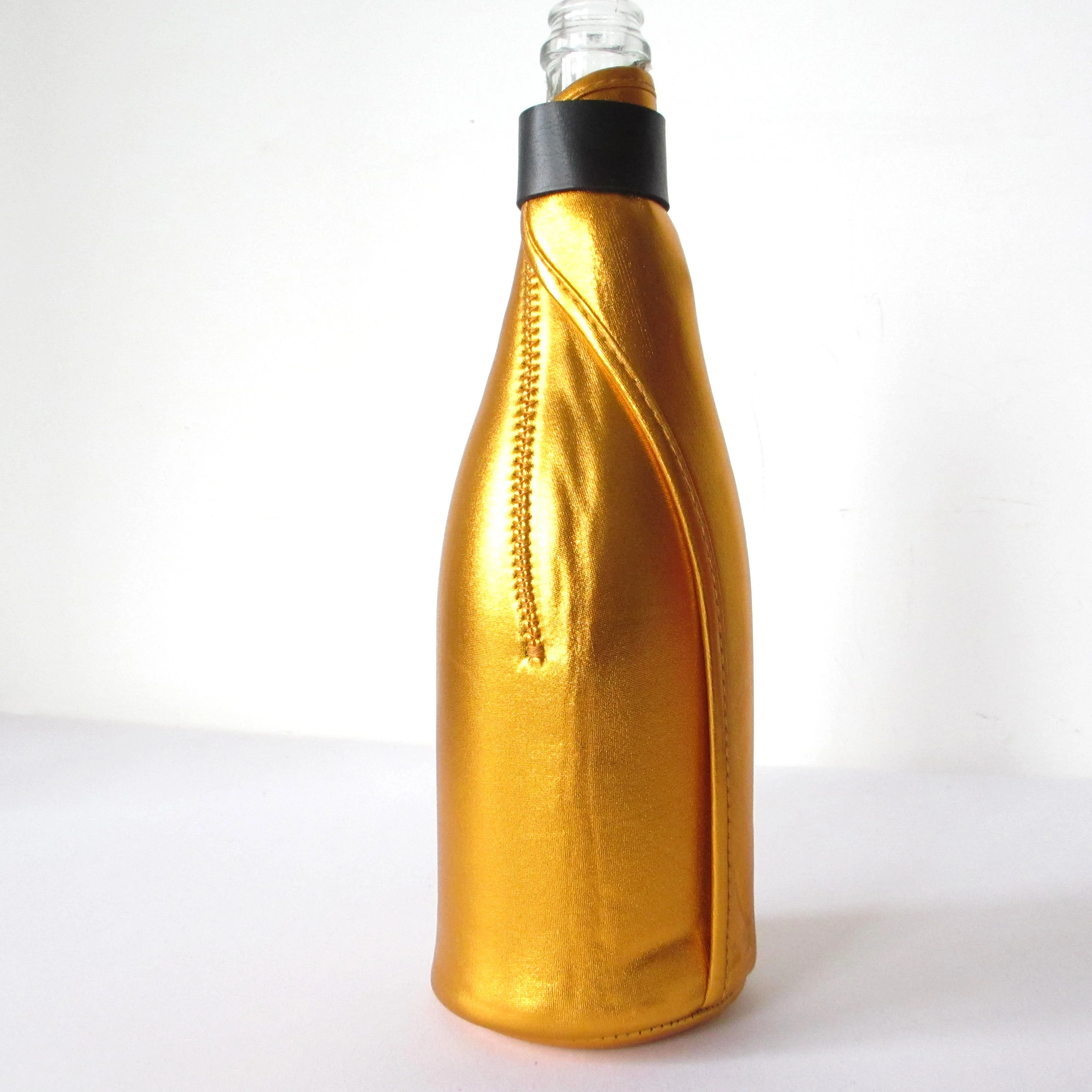 Custom Logo Shiny Neoprene Champagne Bottle Cooler 750 ml Bag Zip up Metallic Neoprene Sparkling Wine Bottle Cover