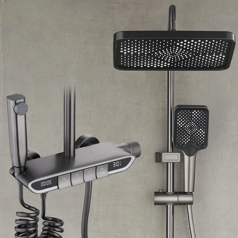 Digital Display Thermostatic Shower Set Bathroom Booster Sprayer Fine Copper LED Ambient Light Shower System