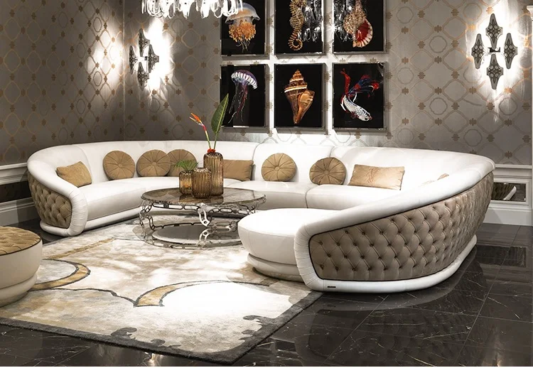 Living Room Circular Couch Curved Half Moon U Shape Sofa Set Tufted Round C Shaped Fabric Sofa Set