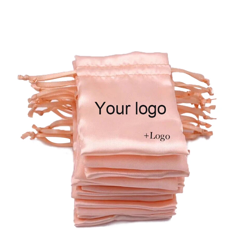 Private label plastic hair wig packing bag,custom logo soft fabric glossy silk stain packaging bag with drawstring for jewelry