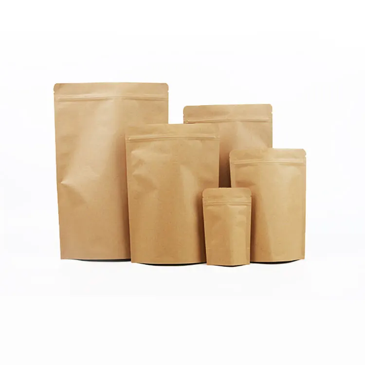 Factory Wholesale Food Packaging Doypack Stand up Pouch Plain Brown Kraft Paper Bag with Zip Lock for Tea Snack