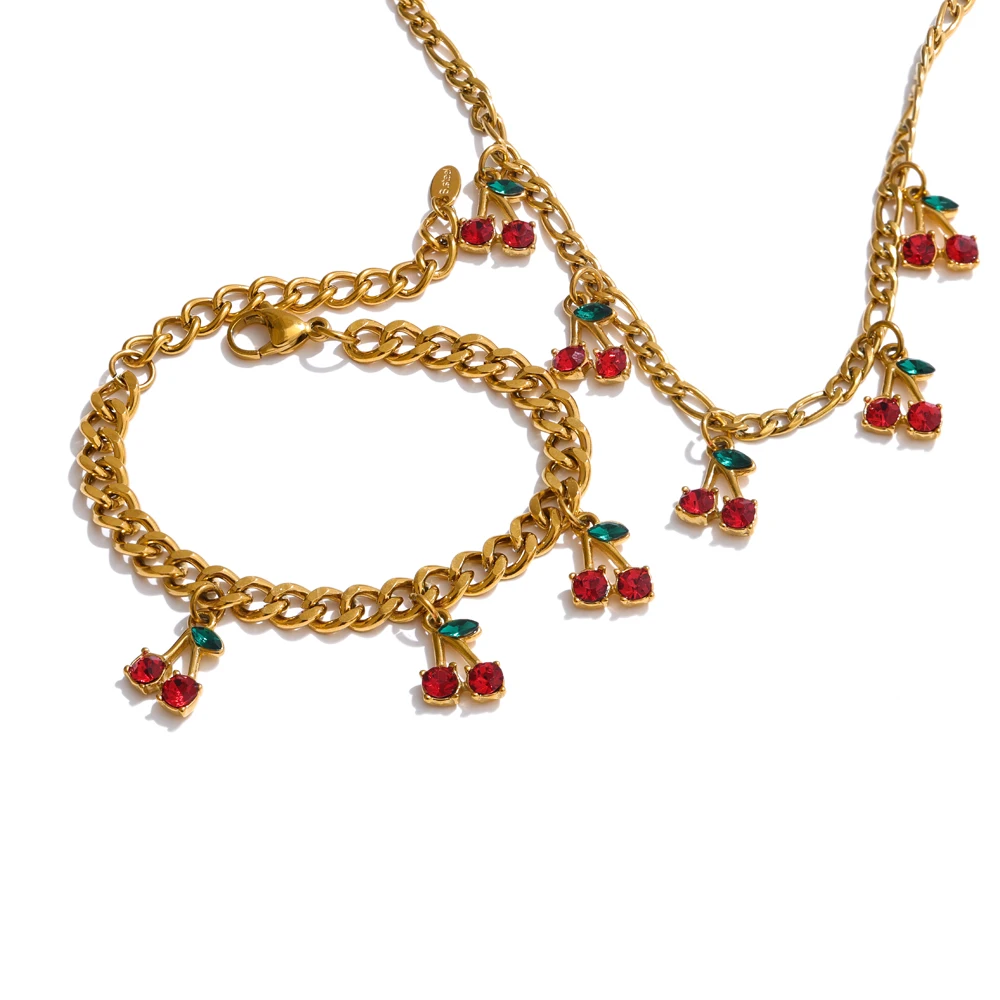 JINYOU 4566 Zircon Cherry Chain Necklace Bracelet Set Statement Charm PVD Zircon Stainless Steel Jewelry Set for Women Gift