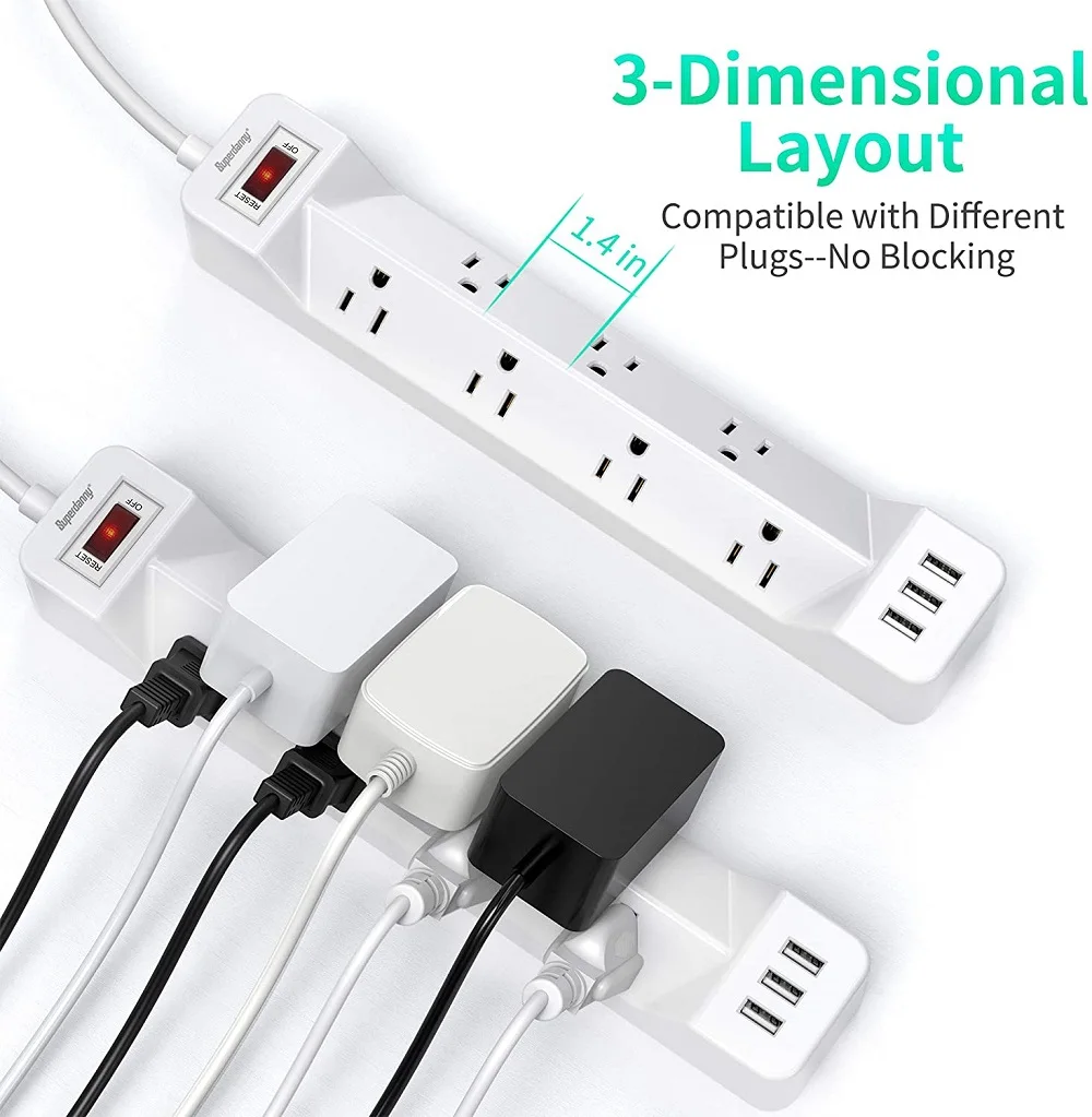 Us Fire-Retardant multi Protection Wide Spaced Outlets 45 Right Angled Flat Plug Mountable Extension Cord Power Strip