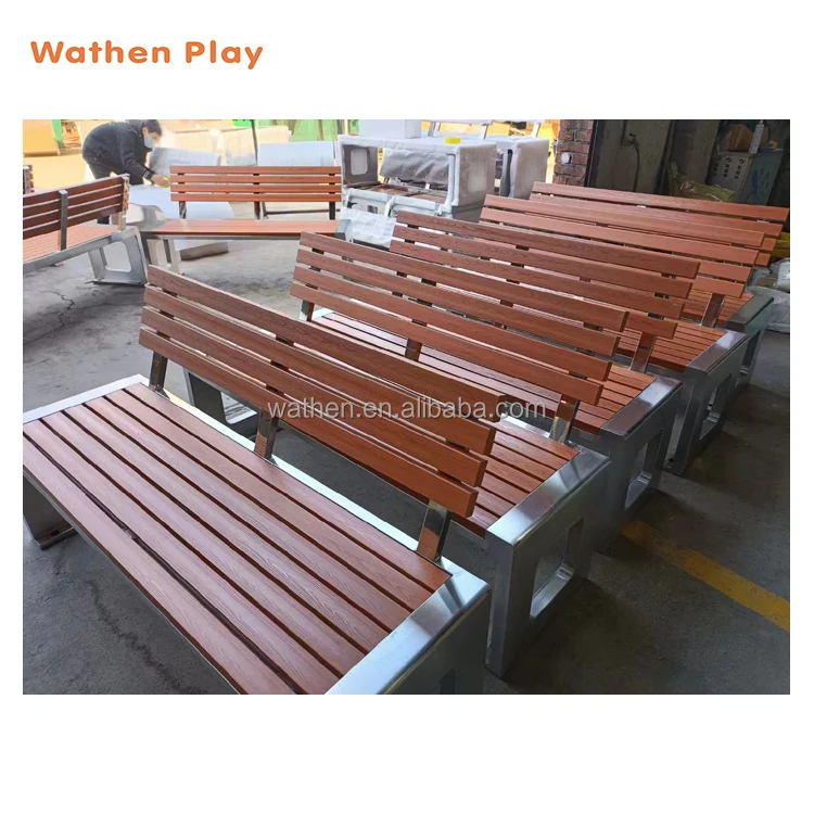 Modern Garden Wooden Benches Stainless Steel Outdoor Park Benches Metal Patio Bench