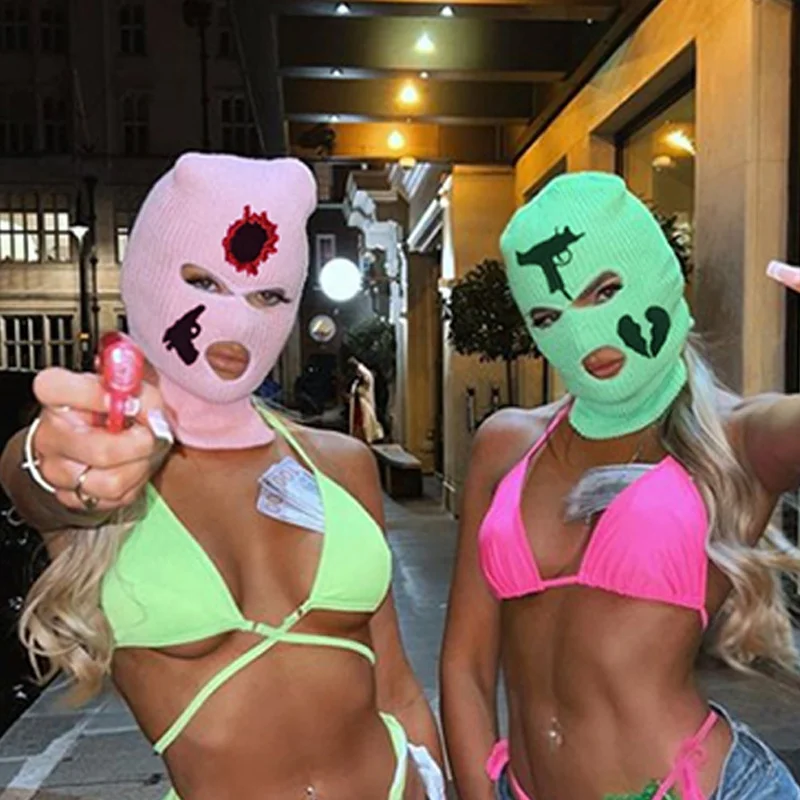 Custom Crochet Embroidery Face Neon Knit Balaclava Ski Mask 3 Hole Pasamontanas