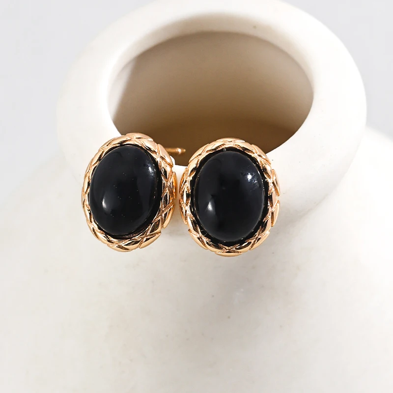 Girls Fine Jewelry Gifts Black Agate Drop Earring 18K PVD Gold Plated Stainless Steel Semi Texture Stone Earring