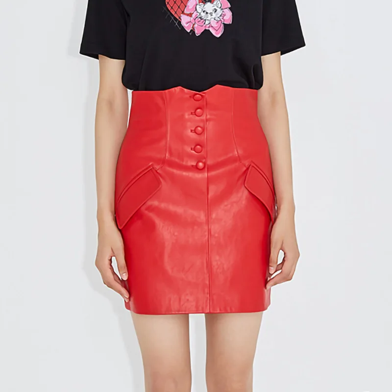 New Fashion Black Red High Waist Genuine Sheepskin Leather Skirt for Women