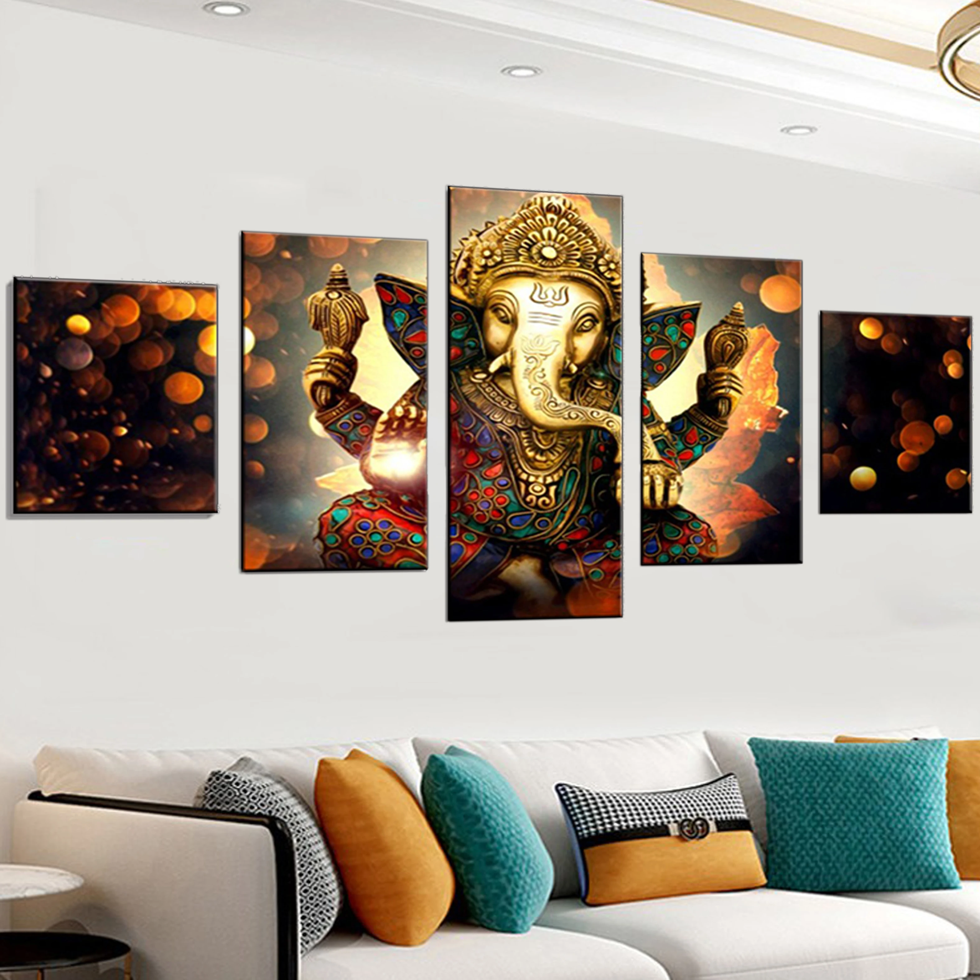 5 panel 3D Hindu Ganesh painting canvas wall art acrylic spray prints Elephant god picture factory custom artwork