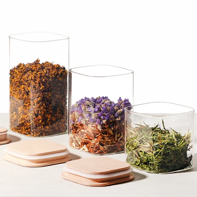 Custom 650ml 1050ml 1350ml Sealed Square Glass Jar with Bamboo Cover Kitchen Storage Bulk Food Containers