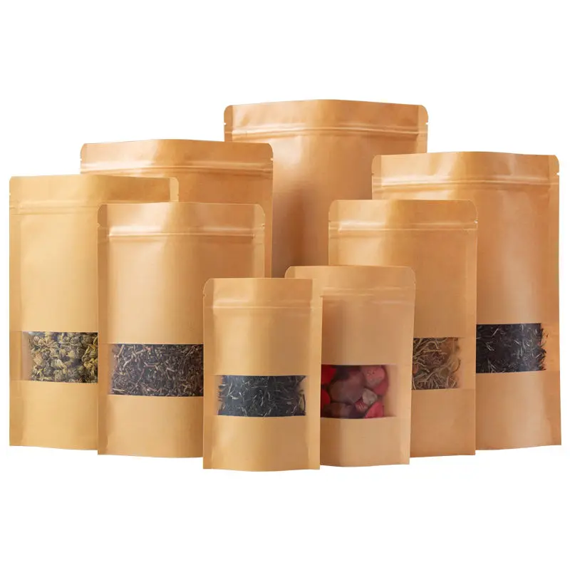 BD retail bags Biodegradable recycled customized stand up pouches dry food packaging brown kraft paper bags with window