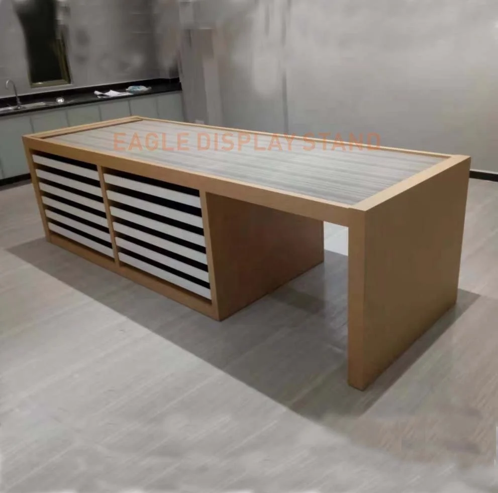 Showroom sliding display case stone tile display rack laminate flooring display drawer with rug covers