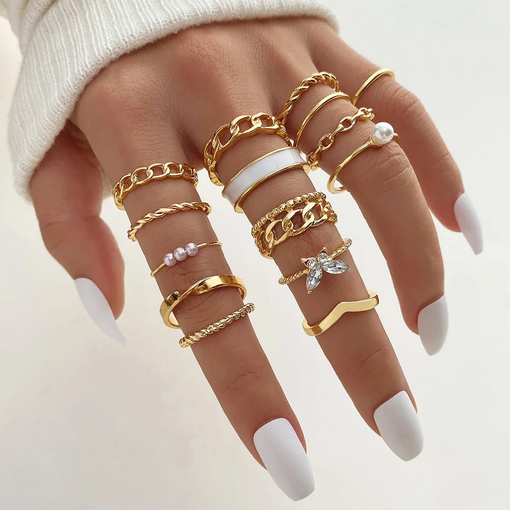 23pcs/set Creative Design Women Ladies Pearl Sun Moon Stainless Steel Stackable Gold Plated Diamond Cross Leaf Ring Set