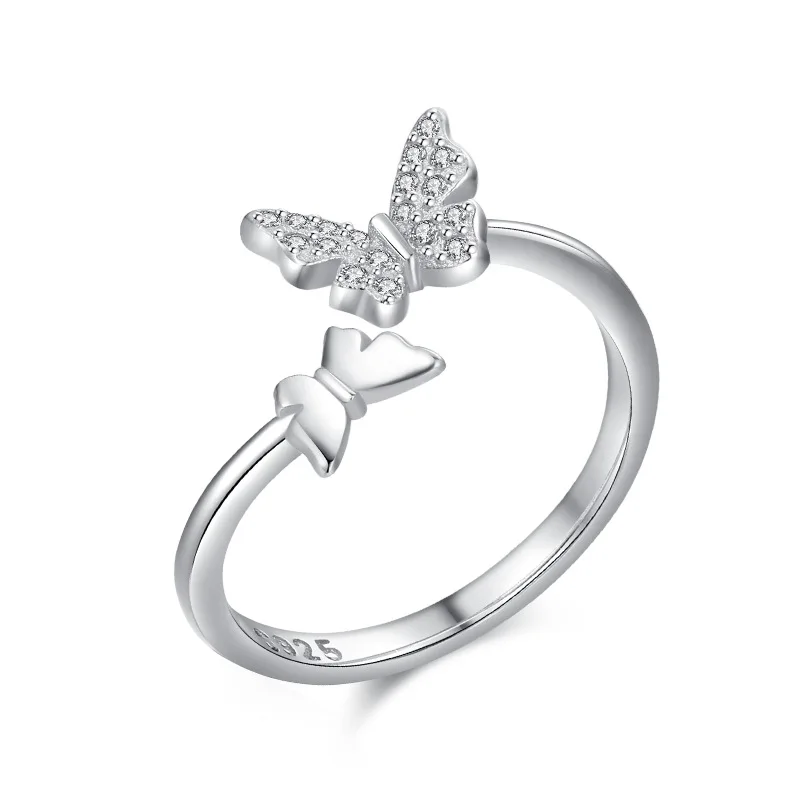 S925 silver three-dimensional double butterfly ring female European and American fashion open index finger ring ins net red cool