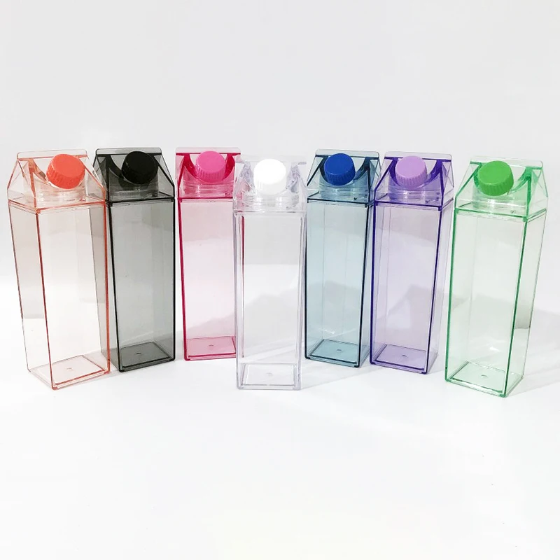 17oz BPA Free 500ml Plastic Clear Pink Transparent Colored Acrylic Milk Box Carton Shaped Water Bottle